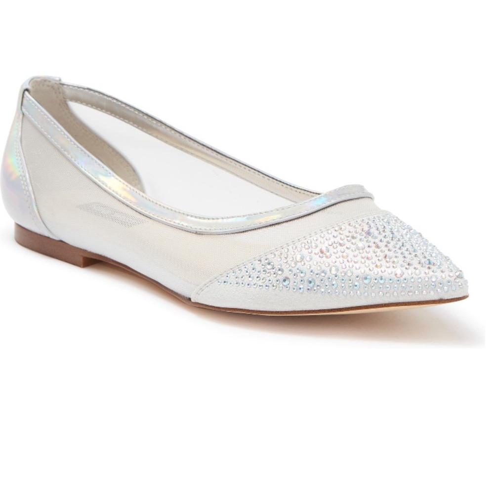 Nine West Iridescent Silver Bogus Mesh Pointed Toe Flat New In Box